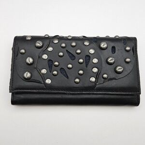 Patricia Nash Black Italian Leather Stud Link Terresa Trifold Wallet Black